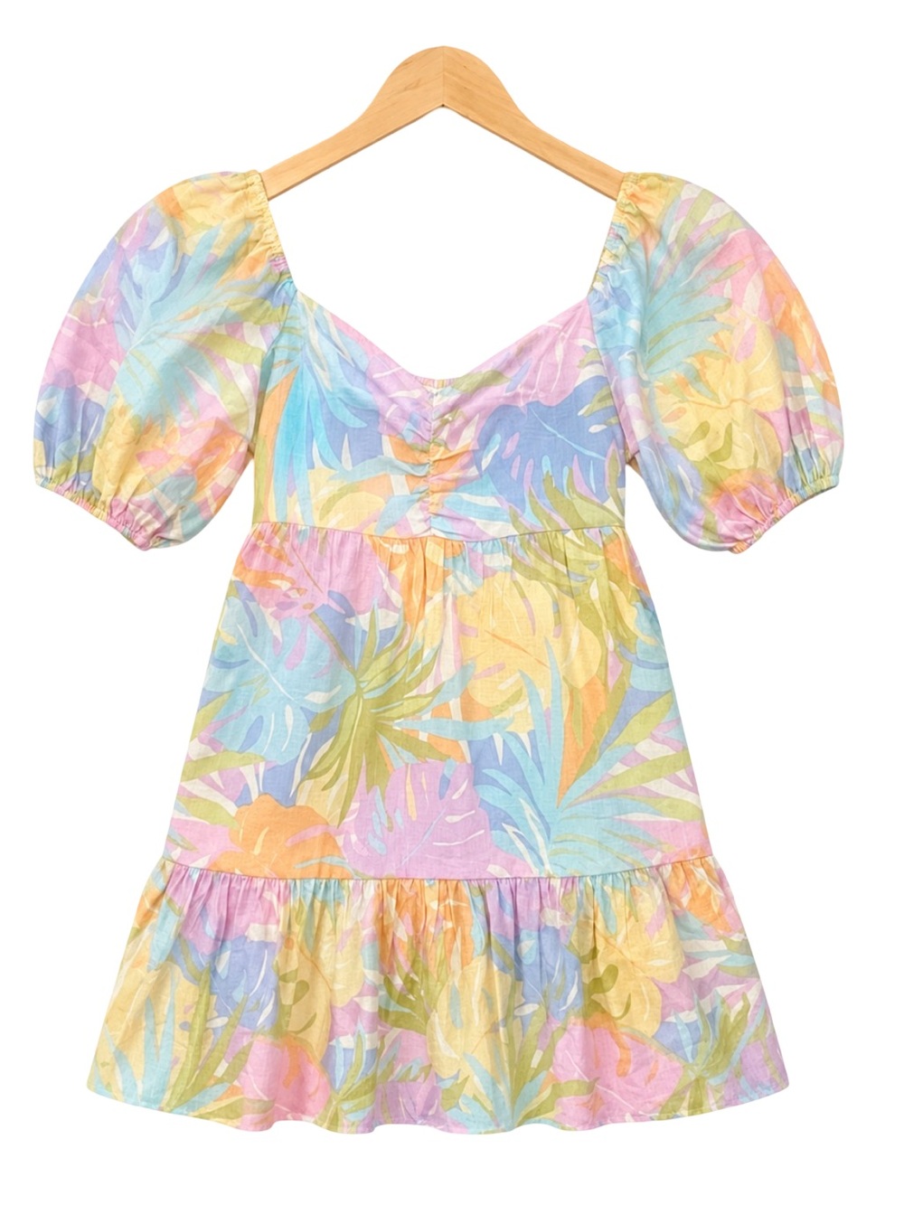 Billabong Be Mine Babydoll Dress Small Tropical Pastel Puff Sleeve tiered mini